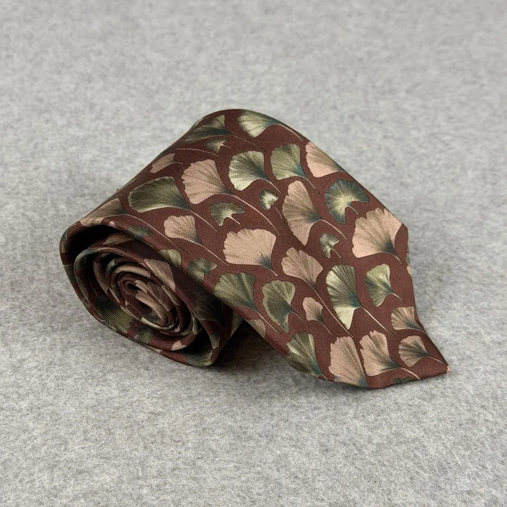 Vintage Gucci Ginkgo Leaf Silk Tie Brown Green Made Italy 100% Silk Wide 55x3.75